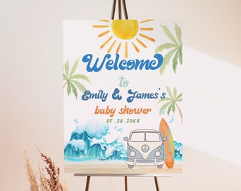May include: Welcome to Emily & James's baby shower on 07.28.2058. A watercolor illustration of a sun, palm trees, waves, and a vintage van with a surfboard.