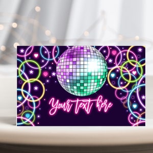 Tendas de comida para festa de dança, decoração de aniversário para meninas adolescentes, neon, arco-íris, bola de discoteca, rótulos de comida, música retrô, anos 90, 80, cartão de lugar para impressão BT74V