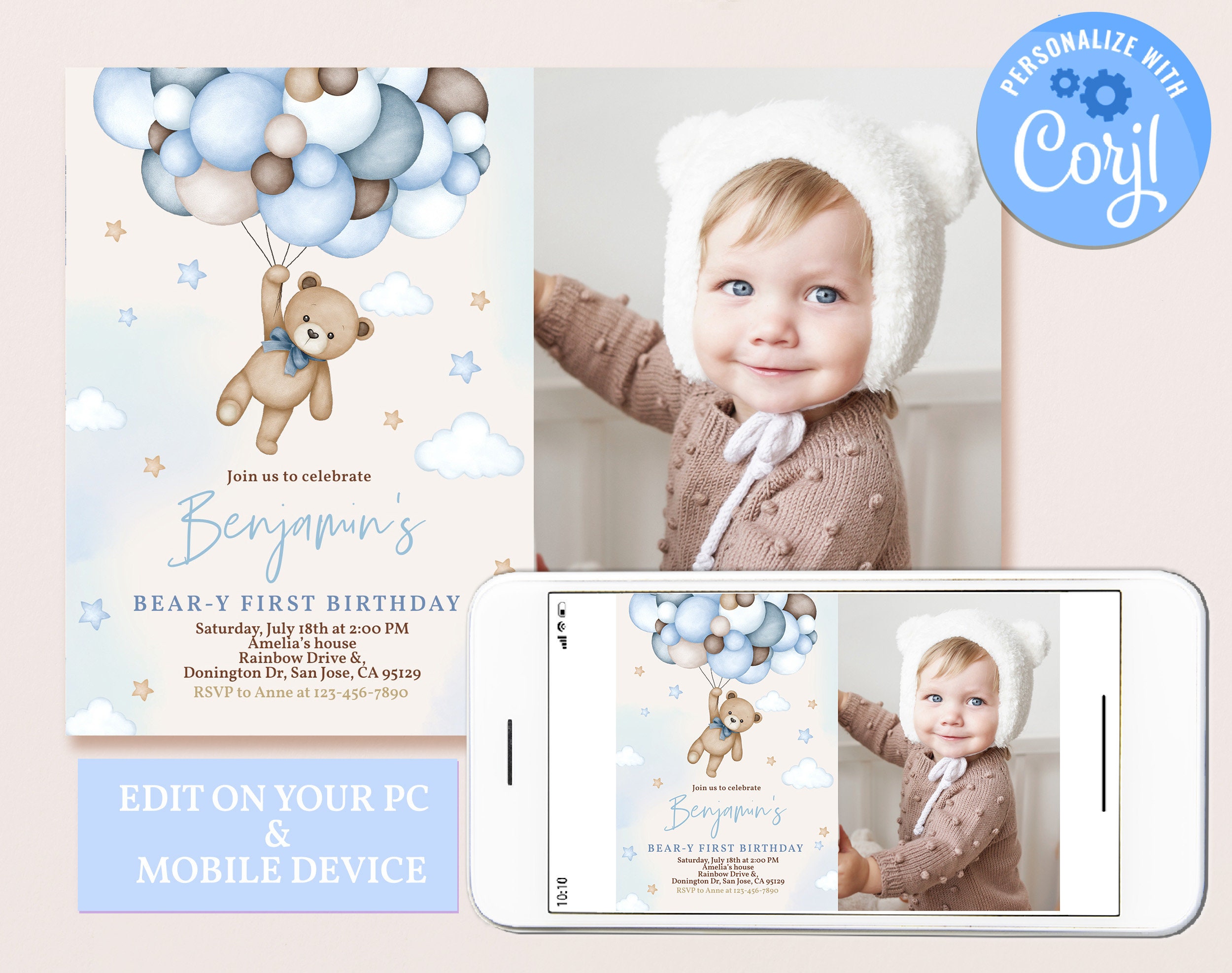 Teddy Bear Birthday Photo Invitation Beary 1st First Birthday Party ...