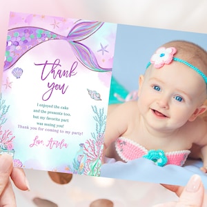 マーメイドフォトサンキューカード 女の子 1歳の誕生日 サンキューノート 海底プリンセス マジカルパープルティールゴールド マーメイドテール 印刷可能 BT48V