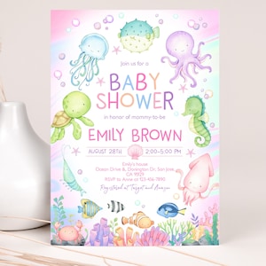 Invito per baby shower nautico Sotto il mare Invito per festa di genere neutro per bambina Animali dell&#39;oceano Vita marina Animali sottomarini MODIFICABILE BS77P
