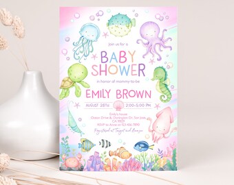 May include: A pink and blue baby shower invitation with a watercolor illustration of sea creatures, including a jellyfish, octopus, seahorse, turtle, and squid. The text reads "Join us for a *BABY SHOWER* in honor of mommy-to-be EMILY BROWN AUGUST 28TH 2:00-5:00 PM Emily's house Ocean Drive &, Donington Dr, San Jose, CA 95129 RSVP to Anne at 123-456-7890 Registered at Target and Amazon"
