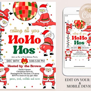 Pu&ograve; includere: Un invito a una festa di Natale con una palla da discoteca rossa e verde, personaggi di Babbo Natale e il testo "calling all you HoHo Hos". L'invito include la data, l'ora e il luogo della festa, nonch&eacute; il nome dell'ospite.