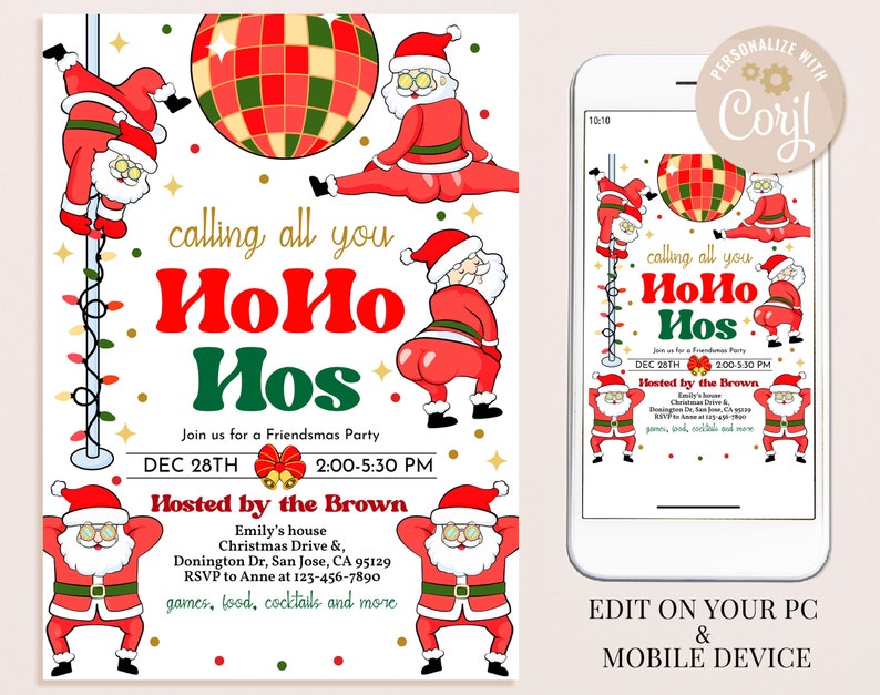 Pu&ograve; includere: Un invito a una festa di Natale con una palla da discoteca rossa e verde, personaggi di Babbo Natale e il testo "calling all you HoHo Hos". L'invito include la data, l'ora e il luogo della festa, nonch&eacute; il nome dell'ospite.