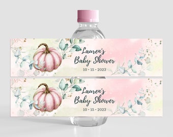 Pumpkin Water Bottle Label Autumn Fall Girl Baby Shower Birthday Party Decor Wrapper Sticker 8X2 Printable Template INSTANT DOWNLOAD BBS001
