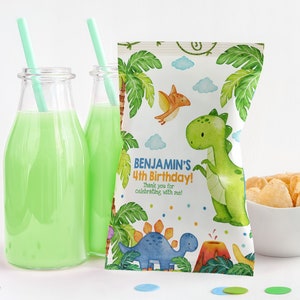 Etykiety na torebki z chipsami urodzinowymi z motywem dinozaura, dekoracja urodzinowa dla chłopca, słodkie przekąski na przyjęcie z dinozaurem, torba ze smakołykami, zwierzęta z dżungli, dzikie tupanie, ryk, do wydrukowania, BT16B