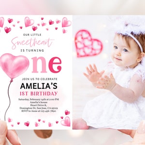 Valentines Day Birthday Photo Invitation Little Sweetheart Birthday Party Invite Girl First Valentine Pink Red Hearts Balloon EDITABLE BT92P