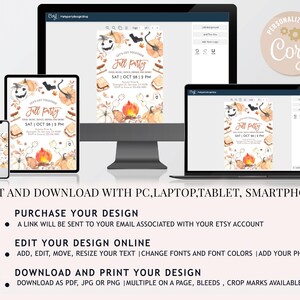 May include: Editable digital invitation for a fall party with a watercolor illustration of a campfire, pumpkins, and a s'more. The text reads "Let's get together Fall Party" and includes the date and time of the event.