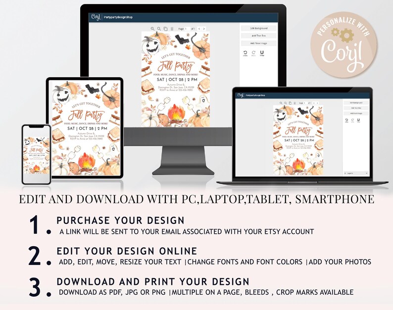 May include: Editable digital invitation for a fall party with a watercolor illustration of a campfire, pumpkins, and a s'more. The text reads "Let's get together Fall Party" and includes the date and time of the event.