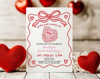 Invitación de cumpleaños con pastel retro, lazo rosa, coqueta, primera fiesta, chicas, solo quieren ser UNA, corazón dibujado a mano, lazo rojo, vintage, editable AT65P