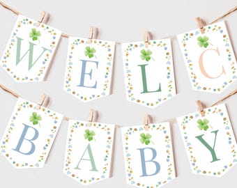 Striscione per baby shower di San Patrizio, ghirlanda arcobaleno con trifoglio e trifoglio, decorazione per feste con portafortuna, accessorio fotografico irlandese MODIFICABILE BS49B
