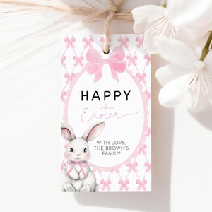 Easter Bunny Gift Tags Pink Bow Gingham Coquette Some Bunny Favor Tag Kids School Teacher Classroom Class Rabbit Ribbon Printable HL85P