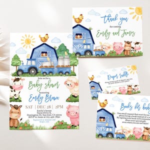 Pacchetto di inviti per baby shower con tema fattoria e animali da fattoria, set di inviti per baby shower con tema bambino, blu, festa in cortile, verde, ranch, mucca, maiale, agnello, modificabile BS62B