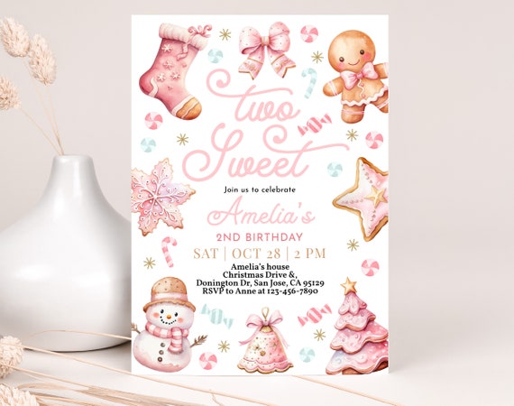 Christmas Cookie Birthday Invitation, Pink Gingerbread Invite, Two Sweet, Girl Second Bday, Snowman, Tree, Ribbon, Candy Printable AT21P