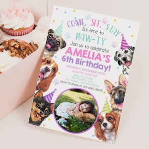 Dog Photo Invitation Birthday Party Invites Puppy Picture Card Pawty Personalized Animal Kids 1st Pet Theme EDITABLE Digital Template BTD051