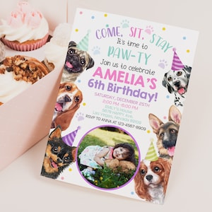 Dog Birthday Photo Invitation Girl 1st Birthday Party Invite Pink Puppy Pawty Pet Adoption Party Animals Theme Come Sit Stay EDITABLE BT51P