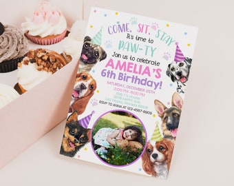 May include: A colorful invitation for a 6th birthday party with a paw-ty theme. The invitation features a photo of a young girl with a teddy bear, surrounded by cartoon dogs wearing party hats. The text reads "Come, Sit, Stay. It's time to Paw-ty. Join us to celebrate Amelia's 6th Birthday!"