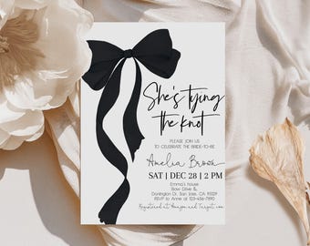 Black Bow Bridal Shower Invitation She's Tying the Knot Minimalist Black Ribbon Wedding Shower Invite Watercolor Bow Theme EDITABLE BR05K