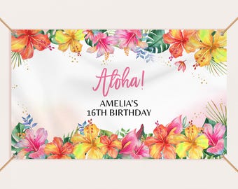 Banner de fondo para cumpleaños luau, fotomatón para fiesta tropical hawaiana de verano, decoración Aloha Tiki, guirnalda de vinilo editable, imprimible AT02P