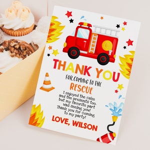 Biglietto di ringraziamento per camion dei pompieri, bomboniere per la prima festa di compleanno del bambino, biglietto di ringraziamento per pompiere, camion dei pompieri, dipartimento dei vigili del fuoco, stampabile, BT02W