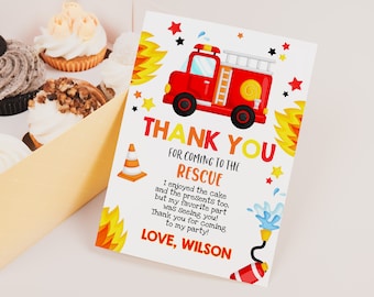Tarjeta de agradecimiento para el primer cumpleaños de un niño, con diseño de camión de bomberos, para el departamento de bomberos, imprimible, BT02W