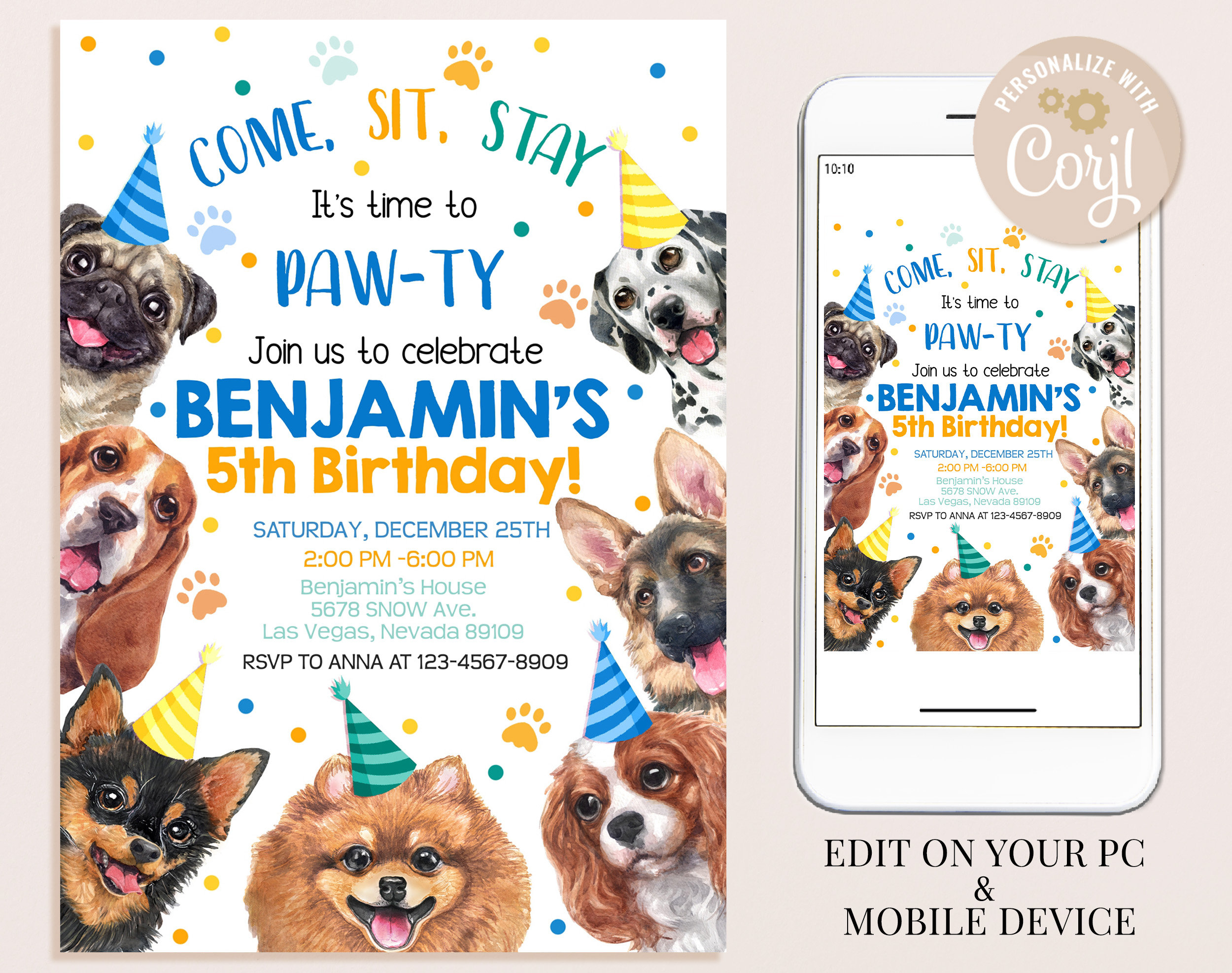 Dog Birthday Invitation Boy 1st First Birthday Party Invite Blue Puppy ...