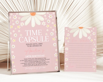 Daisy Birthday Time Capsule Sign Girl 1st Birthday Party Decor Retro Groovy Boho Floral Daisies Guestbook Pink Wild Flower EDITABLE BT84P