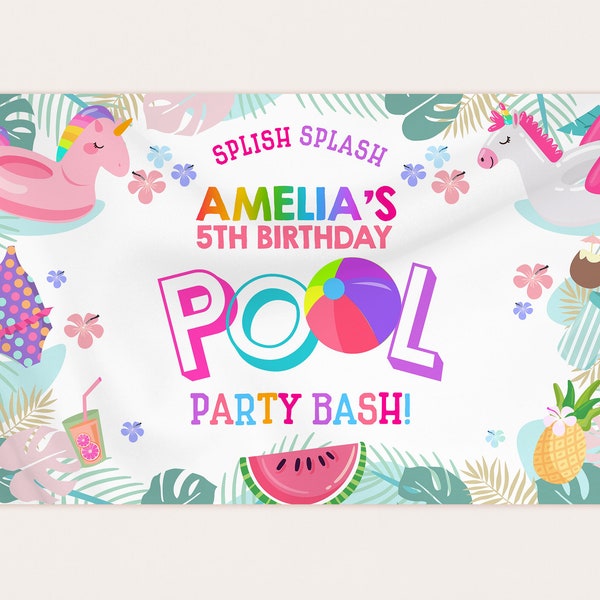 Unicorn Pool Party Backdrop Banner Girl Summer Birthday Party Sign Flamingo Photo Booth Vinyl Backdrop Beach Ball EDITABLE Template BT38