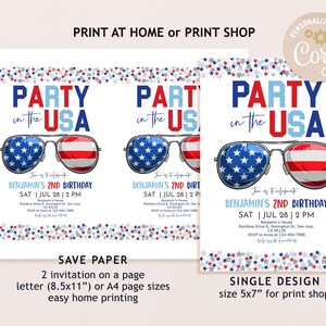 Pu&ograve; includere: Inviti per una festa di compleanno a tema patriottico. Il design presenta occhiali da sole con la bandiera americana, il testo "PARTY in the USA" e i dettagli dell'evento. Disponibili in diverse dimensioni per la stampa a casa o in tipografia.