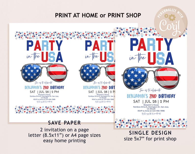 Pu&ograve; includere: Inviti per una festa di compleanno a tema patriottico. Il design presenta occhiali da sole con la bandiera americana, il testo "PARTY in the USA" e i dettagli dell'evento. Disponibili in diverse dimensioni per la stampa a casa o in tipografia.
