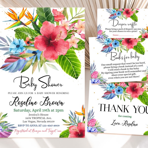 Luau Baby Shower Bundle Aloha Tropical Baby Shower Invitation Suite Hawaiian Summer Party Invite Set Pink Floral Hibiscus EDITABLE BS09R