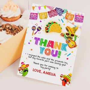 Tarjeta de agradecimiento de fiesta Tarjeta de agradecimiento de cactus Tarjeta de agradecimiento de primer cumpleaños de niña y niño mexicano Taco Bout Party Cinco de Mayo Llama Plantilla imprimible BT64