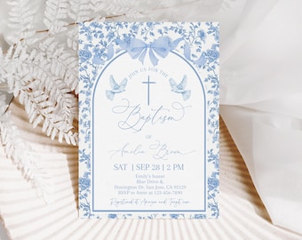 Toile de Jouy Baptism Invitation Blue Chinoiserie Christening Invite Boy Elegant Flowers Floral Blue Ribbon Religious Cross EDITABLE BP04B