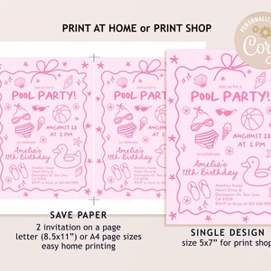 Pink Pool Party Invitation, Girls Summer Birthday Invite, Doodle Beach Design, Teen Girl Any Age, Coquette Hand Drawn Bow EDITABLE CT15P image 7