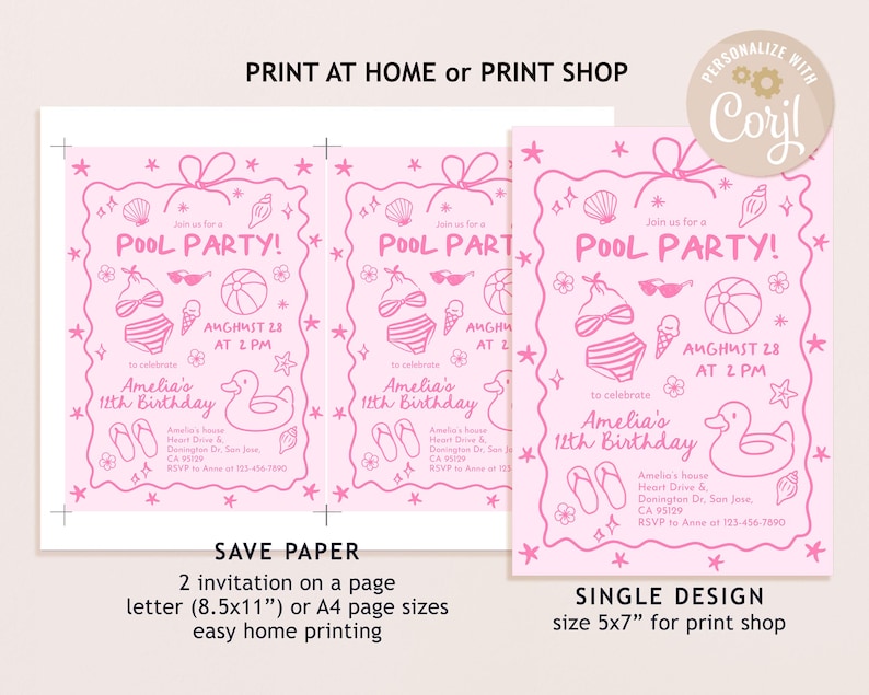 Pink Pool Party Invitation, Girls Summer Birthday Invite, Doodle Beach Design, Teen Girl Any Age, Coquette Hand Drawn Bow EDITABLE CT15P image 7