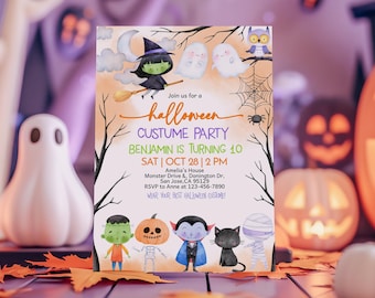 Halloween Birthday Invitation, Kids Costume Party Invite, Spooktacular Monsters, Cute Ghost, Witch, Spooky Pumpkin, Spider EDITABLE BT88O