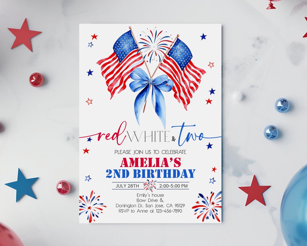 Red White and Two Birthday Invitation 4th of July Patriotic 2nd ...