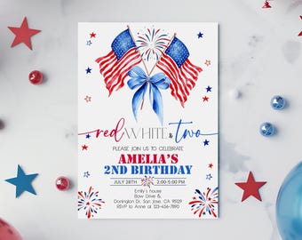 Rouge blanc et deux invitation d'anniversaire 4 juillet 2e anniversaire patriotique inviter le jour de l'indépendance drapeau des Etats-Unis noeud bleu feux d'artifice MODIFIABLE AT86R