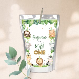 Safari Geburtstag Saft Beutel Etiketten Junge Erster 1.Geburtstag Party Dekoration Wild One Zoo Dschungel Tiere Grün Gold Getränkeetiketten Printable BT96G