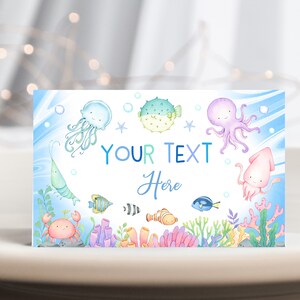 Podwodne namioty z jedzeniem, morskie etykiety na jedzenie na baby shower, oceaniczne dekoracje na pierwsze urodziny chłopca, karty miejsc ze zwierzętami morskimi do wydrukowania BS77B AT07B