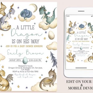 May include: A baby shower invitation with a watercolor illustration of a blue and green dragon on a cloud. The text reads "A Little Dragon Is On His Way" and includes the date, time, and location of the event.