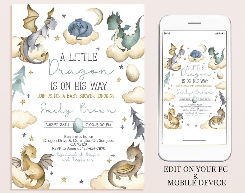 May include: A baby shower invitation with a watercolor illustration of a blue and green dragon on a cloud. The text reads "A Little Dragon Is On His Way" and includes the date, time, and location of the event.