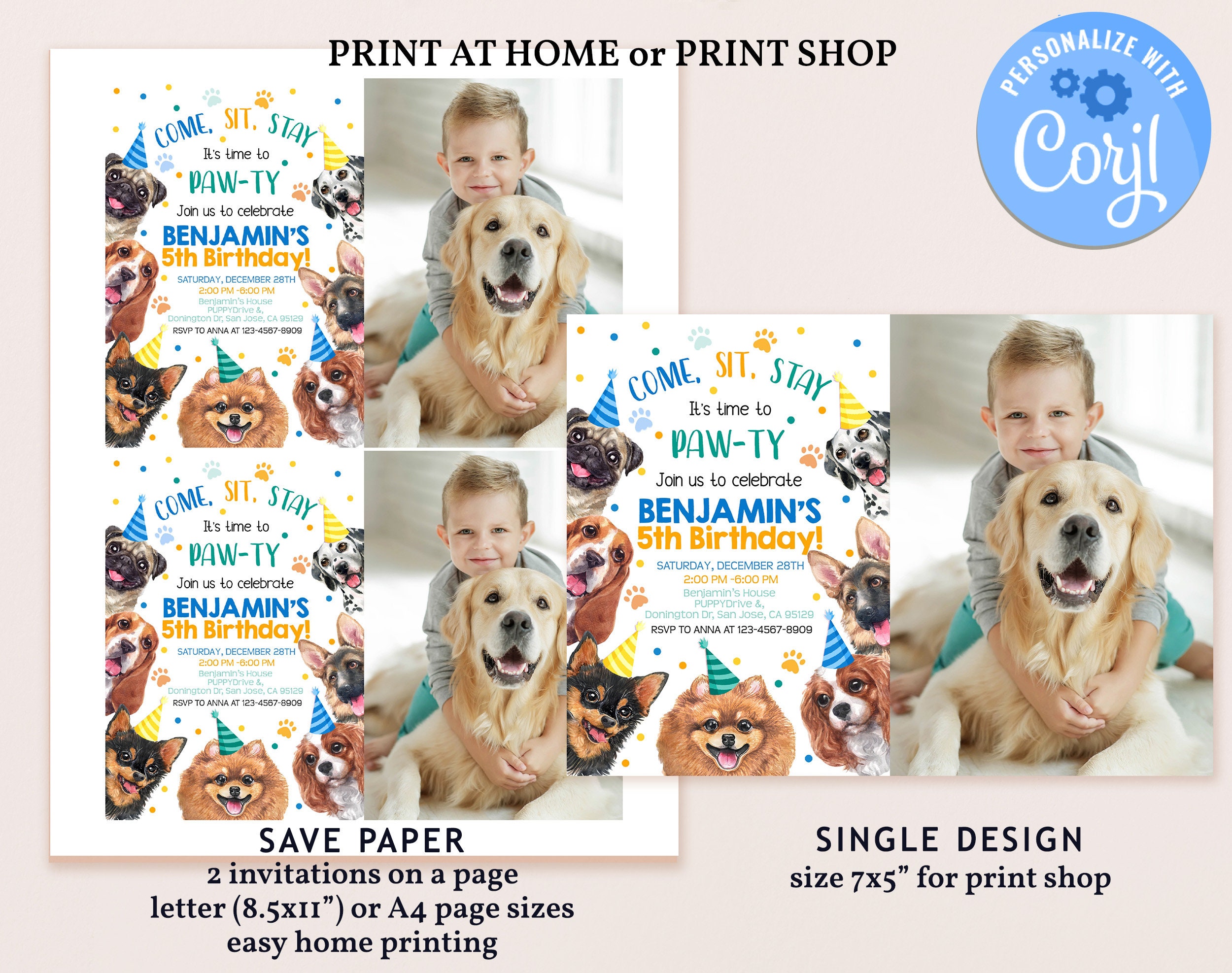 Dog Birthday Photo Invitation Boy 1st Birthday Party Invite Blue Puppy ...