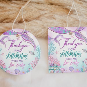 Étiquettes de faveur sirène baby shower sous la mer étiquettes pour cadeau d'anniversaire princesse magique violet sarcelle d'or queue de remerciement étiquettes imprimables BS37V BT48V