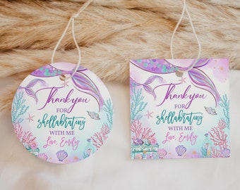 Etiketter för sjöjungfrubabyshower under havet födelsedagspresentetiketter prinsessa magisk lila blågrön guldfärgad tacketiketter utskrivbara BS37V BT48V