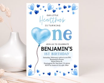 Valentines Day Birthday Invitation Little Sweetheart Birthday Party Invite Boy 1st First Blue Hearts Balloon Valentine Day EDITABLE BT92B