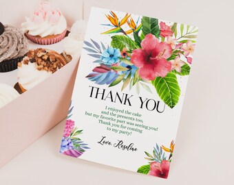 Luau Birthday Thank You Card Aloha Baby Shower Thank You Note Hawaiian Tropical Summer Party Decor Pink Hibiscus Printable BS09R AT29R