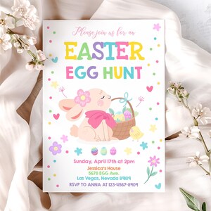 May include: A pink and white Easter egg hunt invitation with a cartoon bunny holding a basket of eggs. The invitation includes the text "Please join us for an EASTER EGG HUNT", the date and time of the event, and the address. RSVP to Anna at 123-4567-8909.