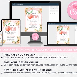 Op de afbeelding: Bewerkbare digitale uitnodiging voor een eerste verjaardag. De uitnodiging heeft een perzik met de tekst "She is One Sweet Peach" en een roze-witte ruitjesachtergrond.