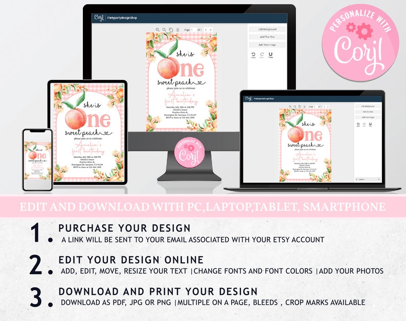 Op de afbeelding: Bewerkbare digitale uitnodiging voor een eerste verjaardag. De uitnodiging heeft een perzik met de tekst "She is One Sweet Peach" en een roze-witte ruitjesachtergrond.